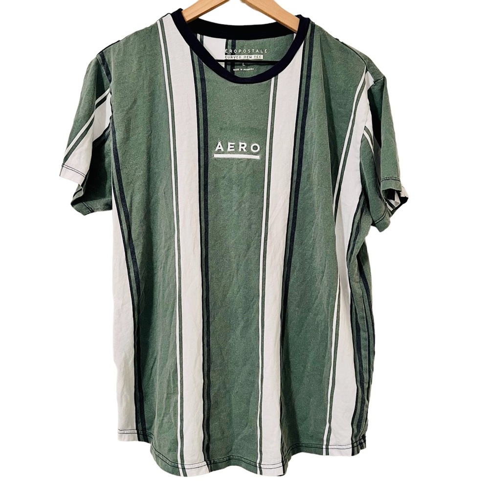 Vintage Aeropostale Green & White Striped Curved Hem Tee - Sz. L
